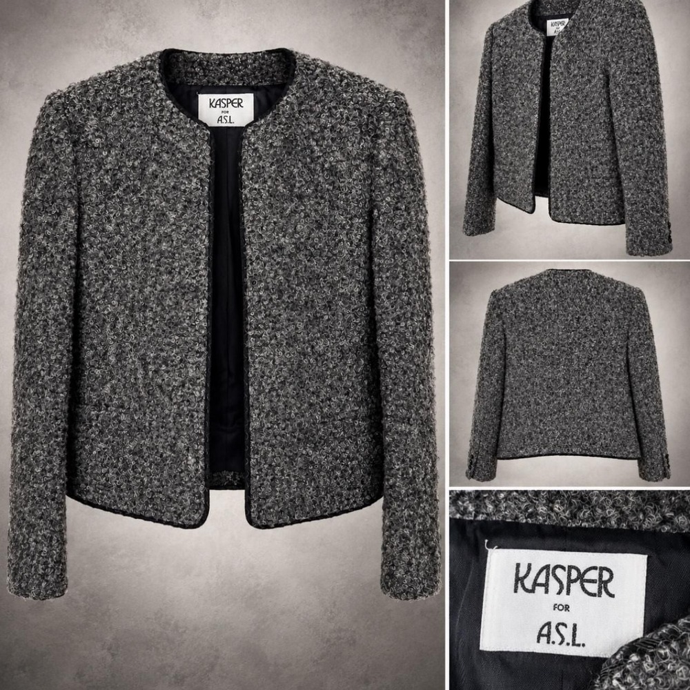 Kasper for A.S.L. Charcoal Boucle Collarless Jacket Size 8 Vintage Blazer